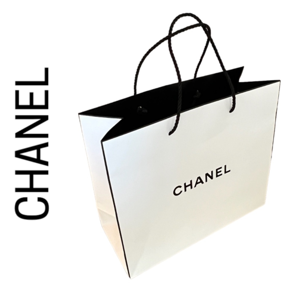 CHANEL SHOPPING BAG paper gift medium white black black cord handles logo luxury